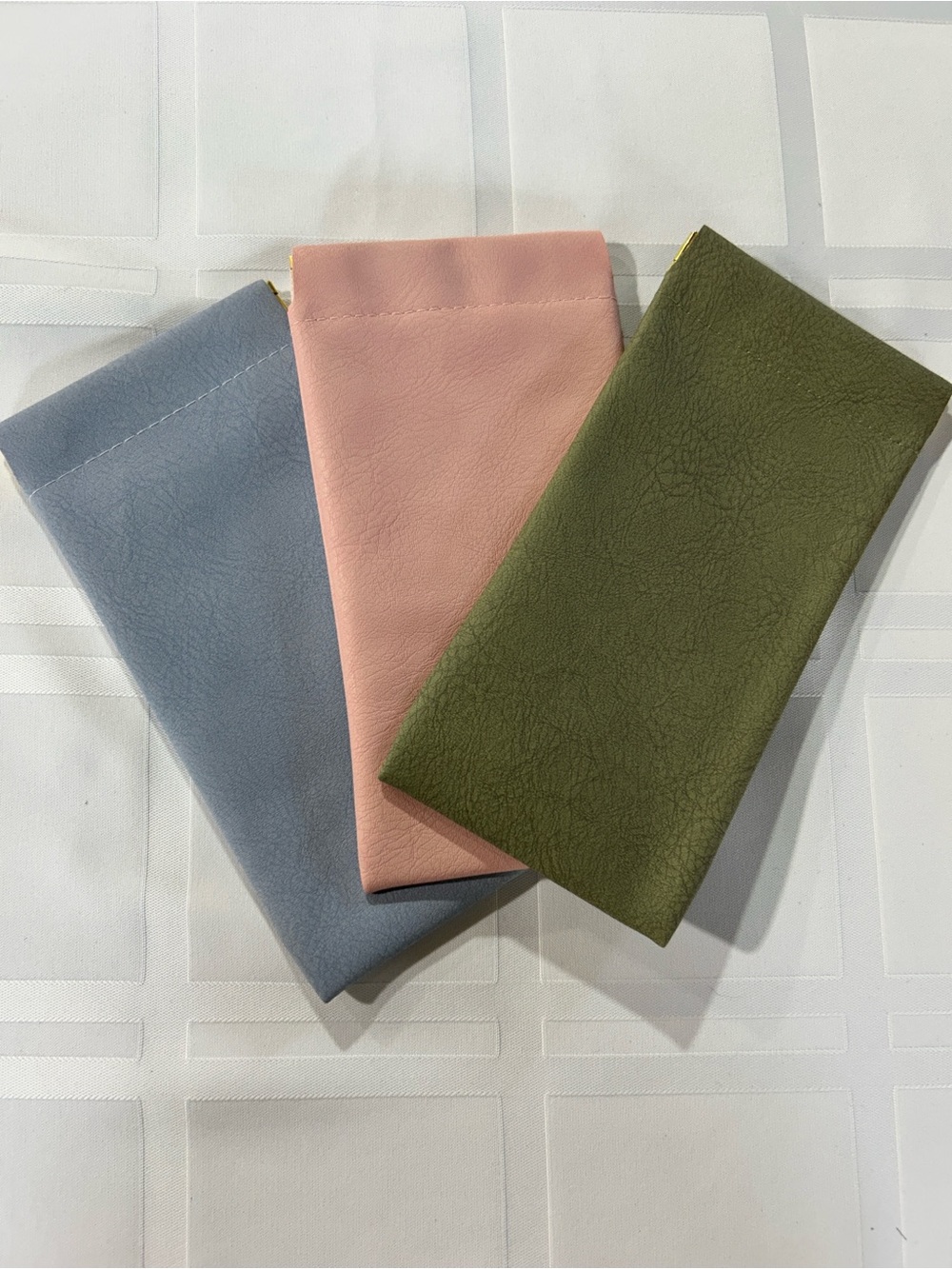 Trio of Soft Faux Leather Sunglass Sleeves — Blue, Pink, Olive